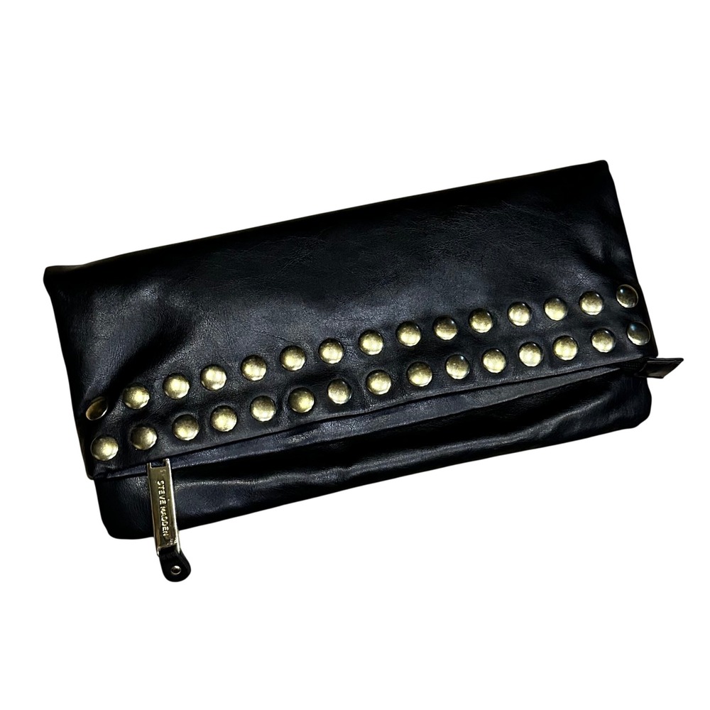 Steve Madden Black Faux Leather Studded Foldover Clutch Bag 13x7.5 Gold Hardware